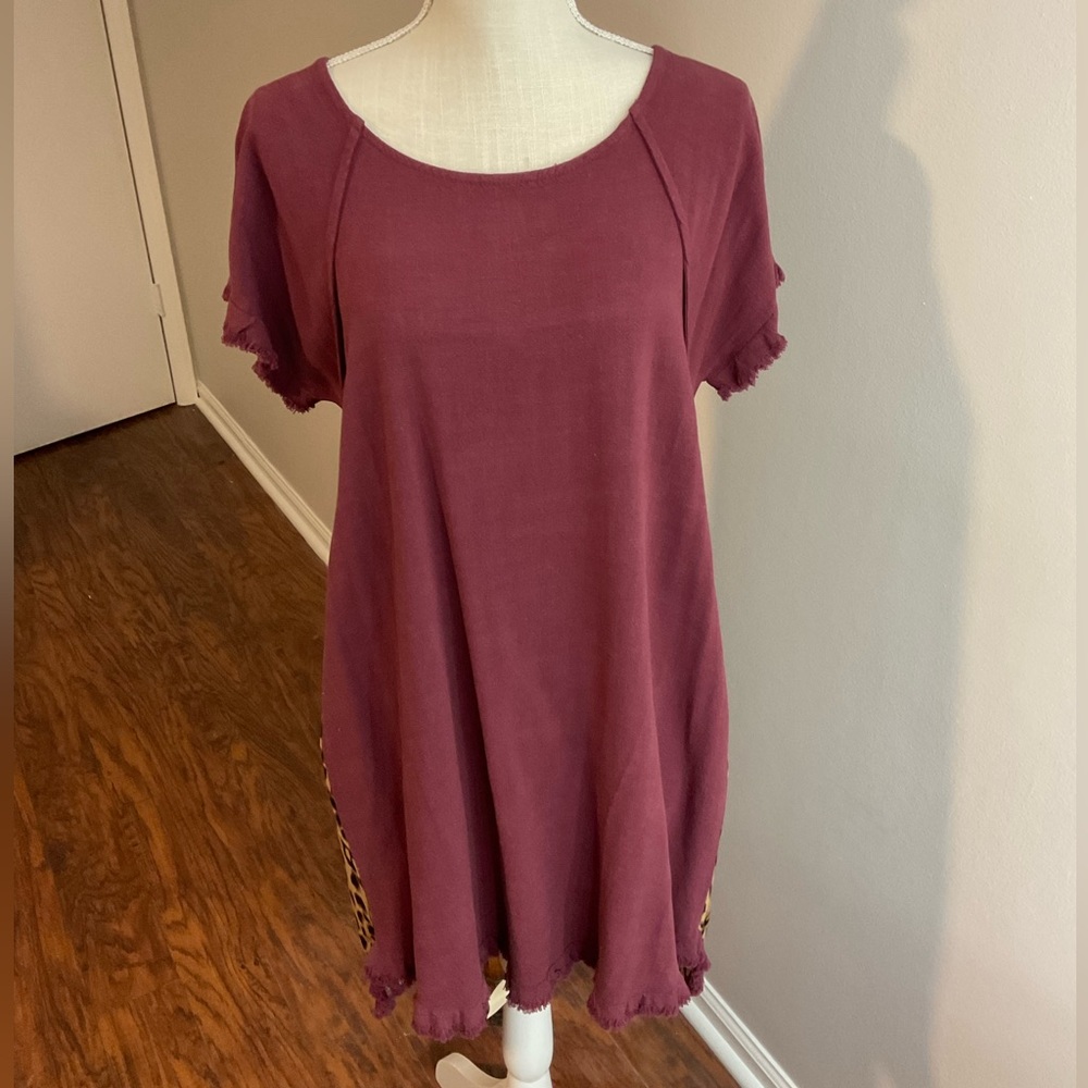 Burgundy and Animal Print High-Low Dress with pockets